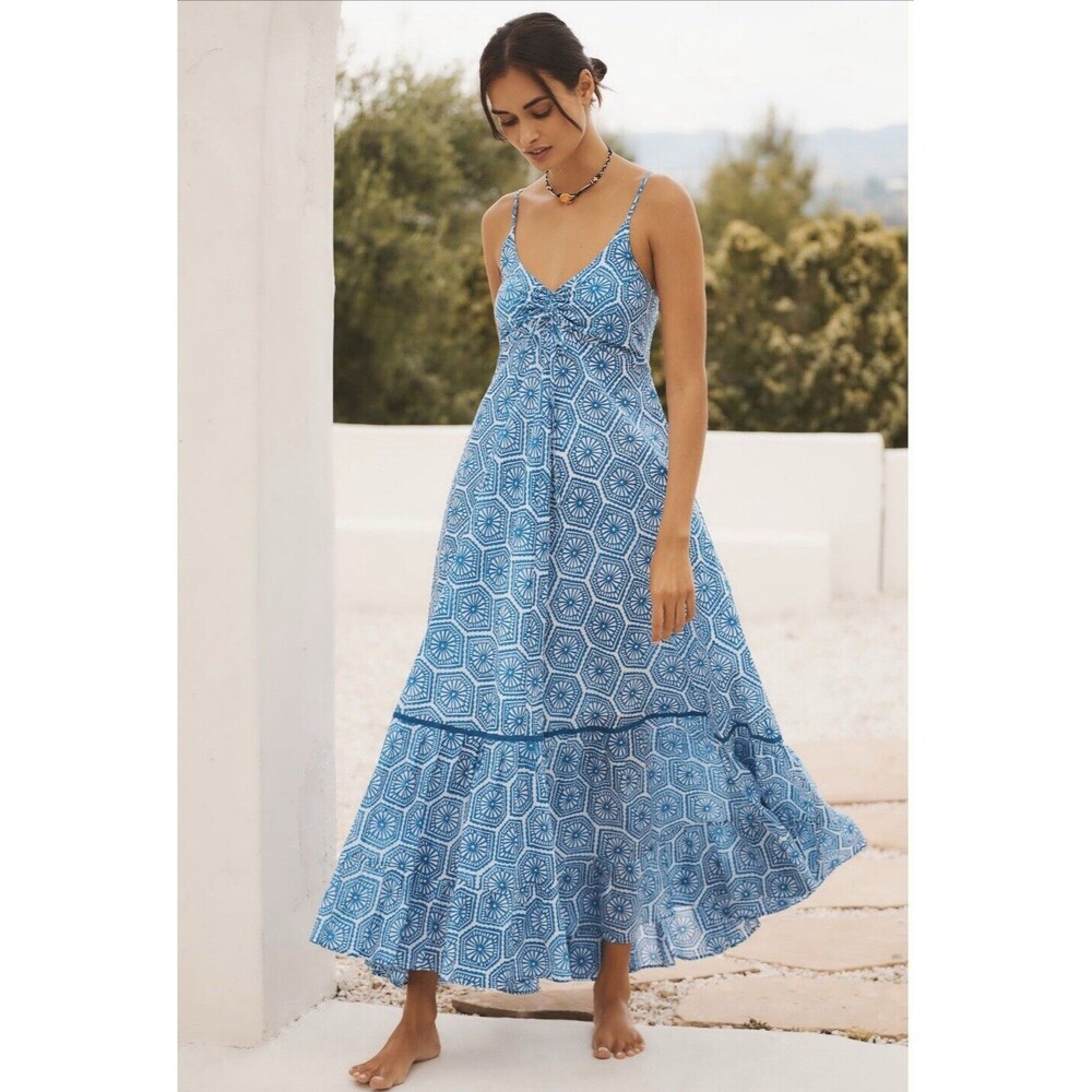 Anthropologie Ro's Garden Maxi Dress Blue Motif Tatiana Vacay Preppy Small NWT